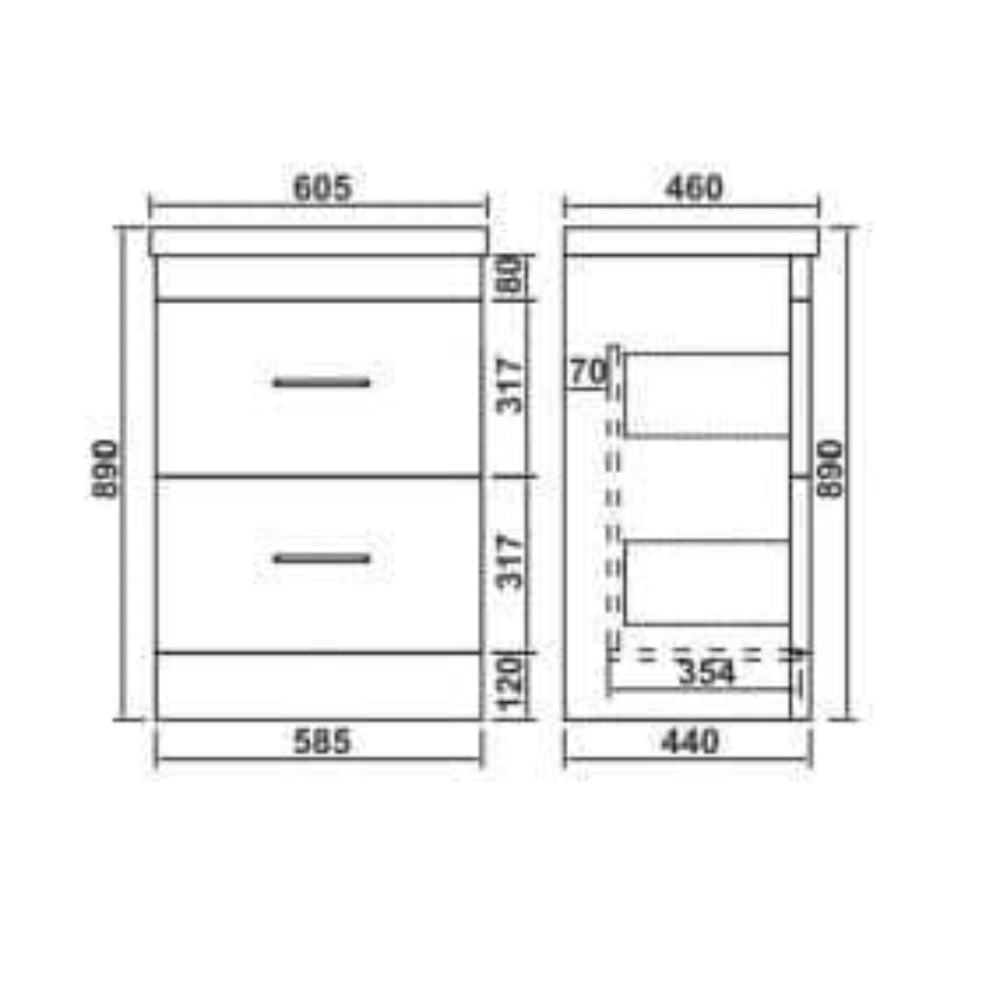 Narvik Waterproof 600mm Curved 2 Drawer Vanity Unit Light Grey 3