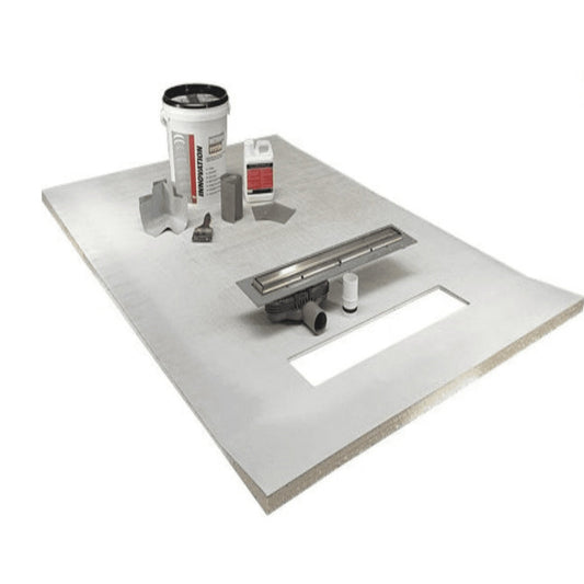 OneDeck cut to size Wetroom kit for tile floors with paint on tanking and linear drain 