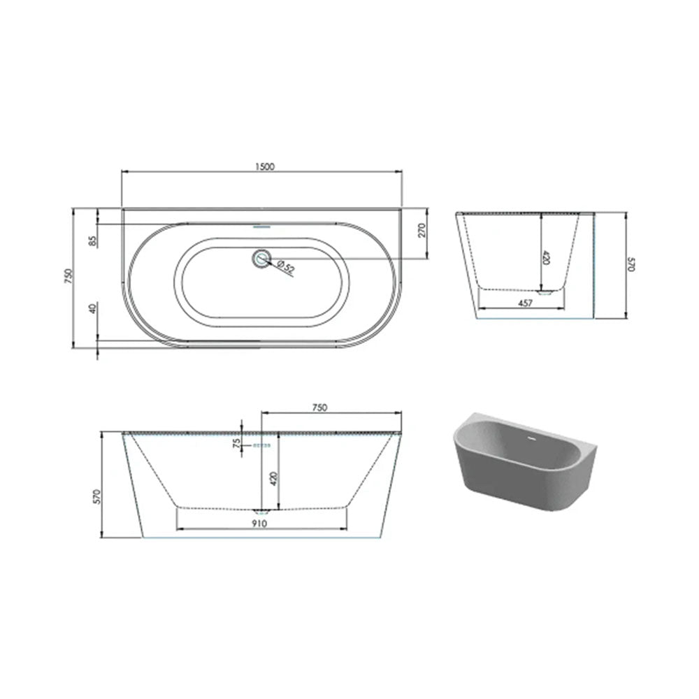 Orion Back to Wall Freestanding Bath 1500 x 750mm with Optional Colour Waste image 3