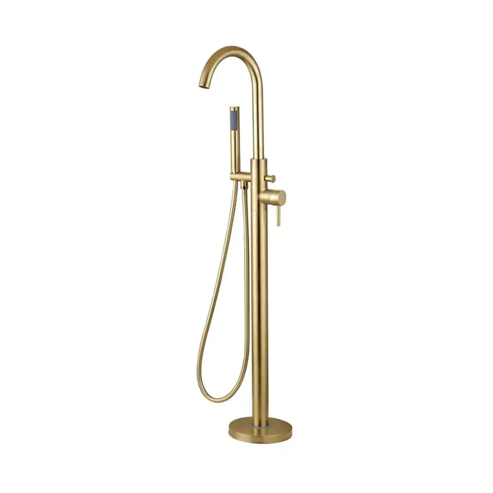 Pesco Floor Standing Bath/Shower Mixer Tap, Brushed Brass, Modern Lever Style