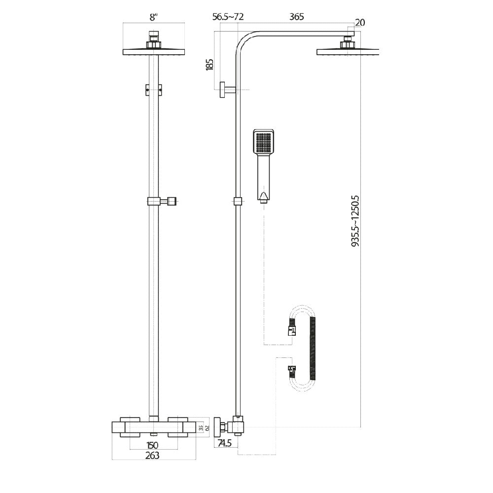 Roma Square Thermostatic Bar Mixer Shower with Fixed Drench Head  and Handset