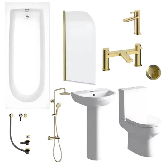 Serpens Brushed Brass Full Bathroom Suite with, Taps, Bath Screen and Dual Shower image