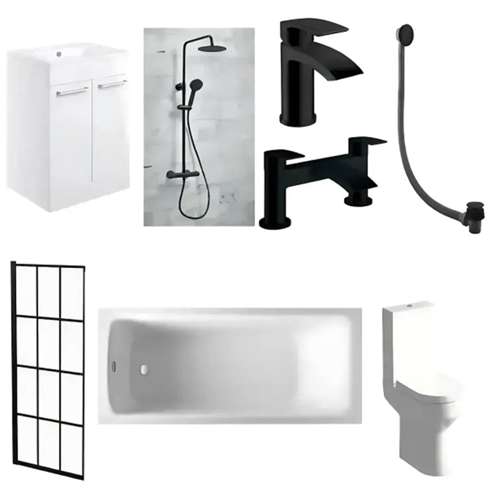 Serpens Vanity Unit Bathroom Suite with 1650x700mm Bath, Matt Black Screen and Dual Shower image