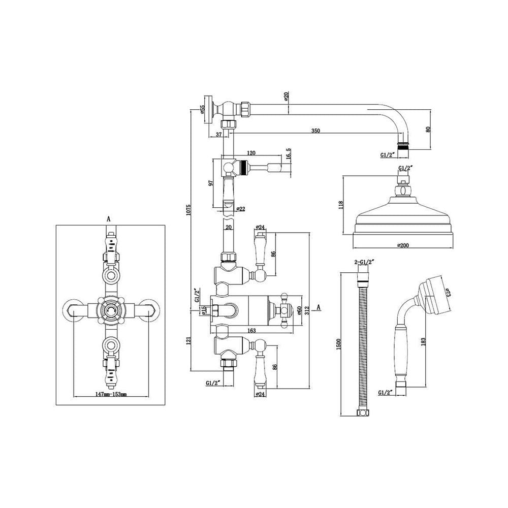 Traditional Brushed Brass Exposed Twin Outlet Shower with Shower Head and Riser Kit image 1