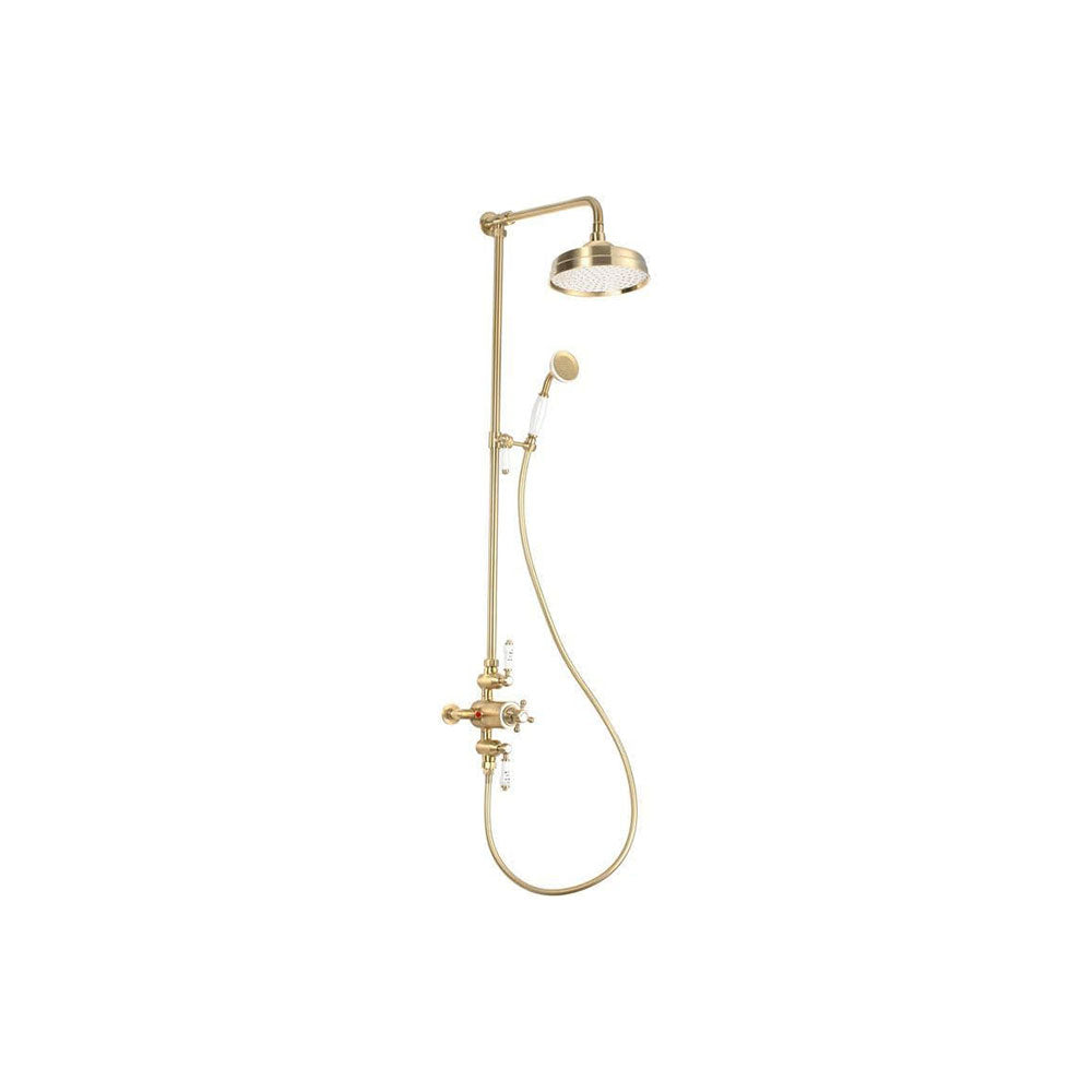 Traditional Brushed Brass Exposed Twin Outlet Shower with Shower Head and Riser Kit image