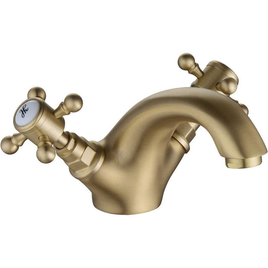 Victor Basin Mixer Tap with Click Clack Waste, Brushed Brass, Traditional Style image