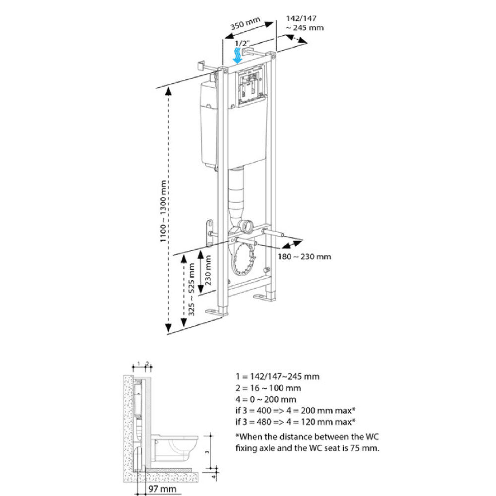 Wall Hung 1.1m Toilet Frame and Cistern, Choose Flushplate image 2